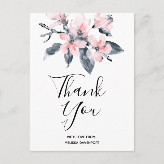 ピンクとグレーの花の上品な水彩ありがとう ポストカード (正面)