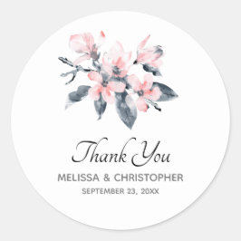 ピンクとグレーの花の上品な水彩ありがとう ラウンドシール