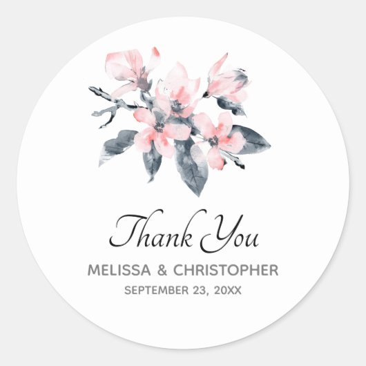 ピンクとグレーの花の上品な水彩ありがとう ラウンドシール (正面)