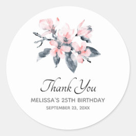ピンクとグレーの花の上品な水彩ありがとう ラウンドシール