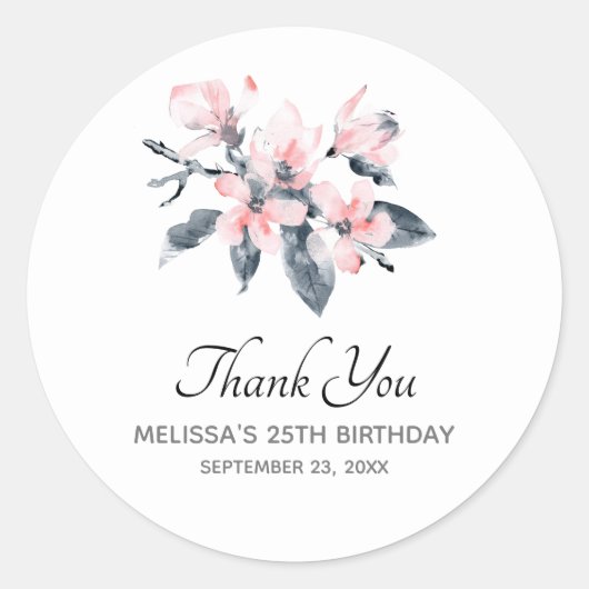 ピンクとグレーの花の上品な水彩ありがとう ラウンドシール (正面)