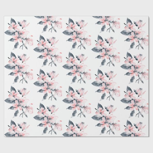 ピンクとグレーの花の上品な水彩パターン ラッピングペーパー (フラット)
