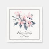 ピンクとグレーの花の上品な水彩誕生日 スタンダードカクテルナプキン (正面)