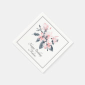 ピンクとグレーの花の上品な水彩誕生日 スタンダードカクテルナプキン (角)
