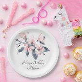 ピンクとグレーの花の上品な水彩誕生日 ペーパープレート (パーティー)