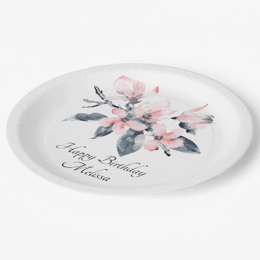 ピンクとグレーの花の上品な水彩誕生日 ペーパープレート (アングル)