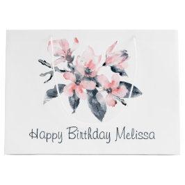 ピンクとグレーの花の上品な水彩誕生日 ラージペーパーバッグ
