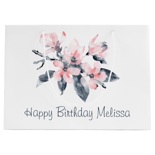 ピンクとグレーの花の上品な水彩誕生日 ラージペーパーバッグ (正面)