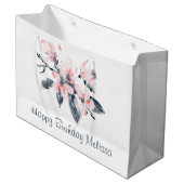 ピンクとグレーの花の上品な水彩誕生日 ラージペーパーバッグ (正面アングル)