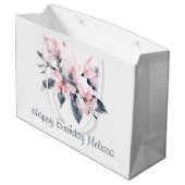 ピンクとグレーの花の上品な水彩誕生日 ラージペーパーバッグ (裏面アングル)