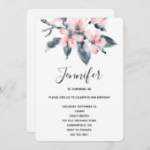 ピンクとグレーの花の上品な水彩誕生日 招待状 (正面/裏面)