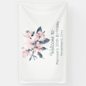 ピンクとグレーの花の上品な水彩誕生日 横断幕 (縦)