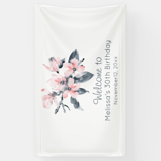 ピンクとグレーの花の上品な水彩誕生日 横断幕 (縦)