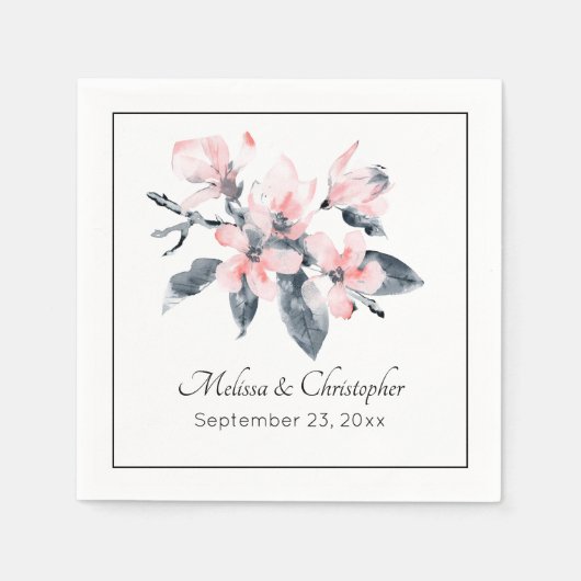 ピンクとグレーの花の上品な水結婚色 スタンダードカクテルナプキン (正面)