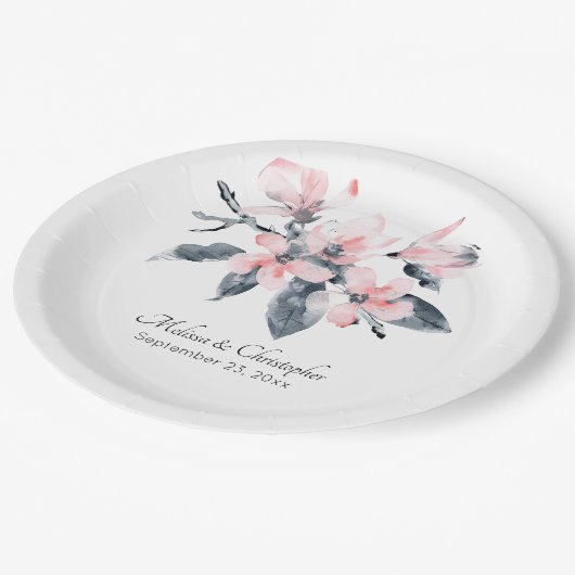 ピンクとグレーの花の上品な水結婚色 ペーパープレート (アングル)