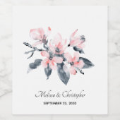 ピンクとグレーの花の上品な水結婚色 ワインラベル (シングルラベル)