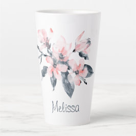 ピンクとグレーの花の上品な水色 カフェラテマグ