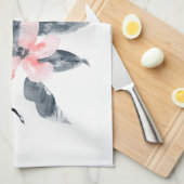ピンクとグレーの花の上品な水色 キッチンタオル (四つ折り)