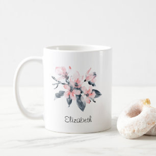 ピンクとグレーの花の上品な水色 コーヒーマグカップ