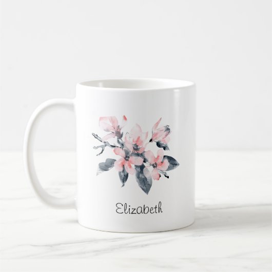 ピンクとグレーの花の上品な水色 コーヒーマグカップ (左)