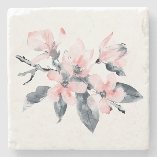 ピンクとグレーの花の上品な水色 ストーンコースター (正面)