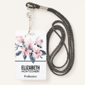 ピンクとグレーの花の上品な水色 バッジ (裏面ランヤード)