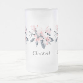 ピンクとグレーの花の上品な水色 フロストグラスビールジョッキ