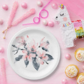 ピンクとグレーの花の上品な水色 ペーパープレート (パーティー)