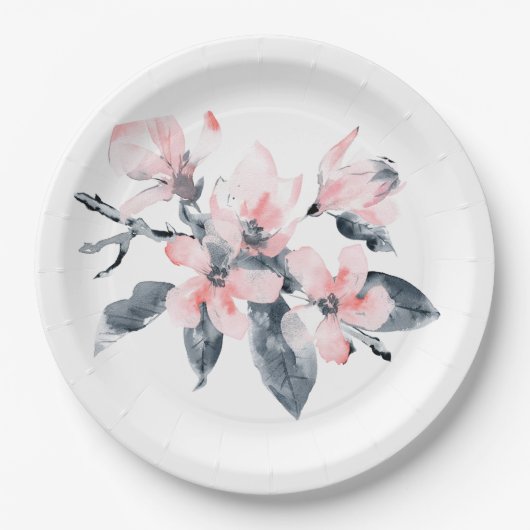 ピンクとグレーの花の上品な水色 ペーパープレート (正面)