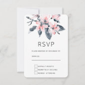 ピンクとグレーの花の上品な水色 出欠カード (正面)