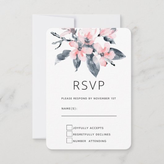 ピンクとグレーの花の上品な水色 出欠カード (正面)