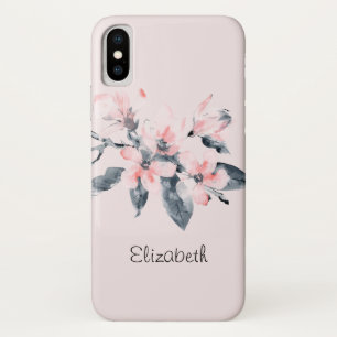 ピンクとグレーの花の上品な水色 iPhone X ケース