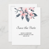 ピンクとグレーの花の水彩保存日 インビテーションポストカード (正面/裏面)
