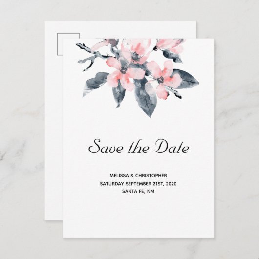 ピンクとグレーの花の水彩保存日 インビテーションポストカード