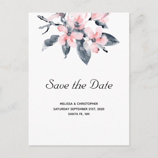 ピンクとグレーの花の水彩保存日 インビテーションポストカード (正面)