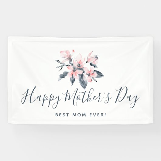 ピンクとグレーの花上品な水彩母の日 横断幕 (横)