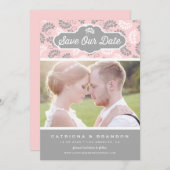 ピンクとグレーの花柄写真 セーブ・ザ・デート (正面/裏面)