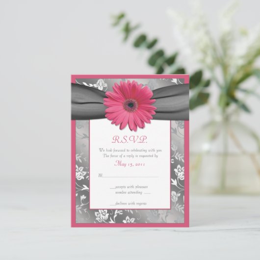 ピンクとグレーの花柄 ダマスク 結婚式返礼カード 出欠カード (スタンド正面)