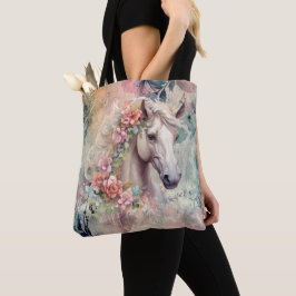 ピンクとグレーの花柄 白い馬の頭 トートバッグ