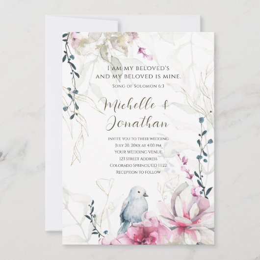 ピンクとグレーの花模様にハトのデザインが施されたクリスチャン聖書の結婚式 招待状 (正面)