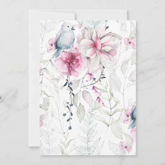 ピンクとグレーの花模様にハトのデザインが施されたクリスチャン聖書の結婚式 招待状 (裏面)