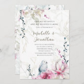 ピンクとグレーの花模様にハトのデザインが施されたクリスチャン聖書の結婚式 招待状 (正面/裏面)