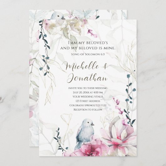 ピンクとグレーの花模様にハトのデザインが施されたクリスチャン聖書の結婚式 招待状 (正面/裏面)