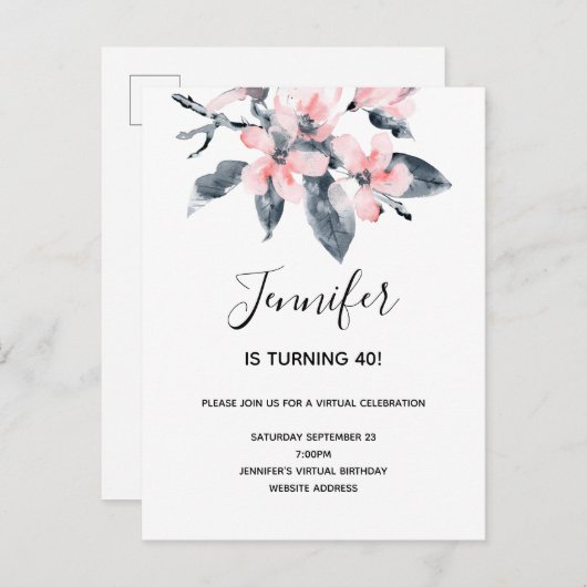 ピンクとグレーの花水色のバーチャル誕生日 インビテーションポストカード (正面/裏面)