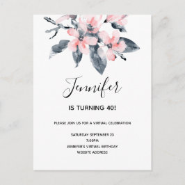 ピンクとグレーの花水色のバーチャル誕生日 インビテーションポストカード