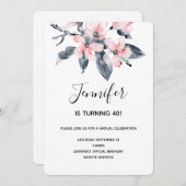 ピンクとグレーの花水色のバーチャル誕生日 招待状 (正面/裏面)