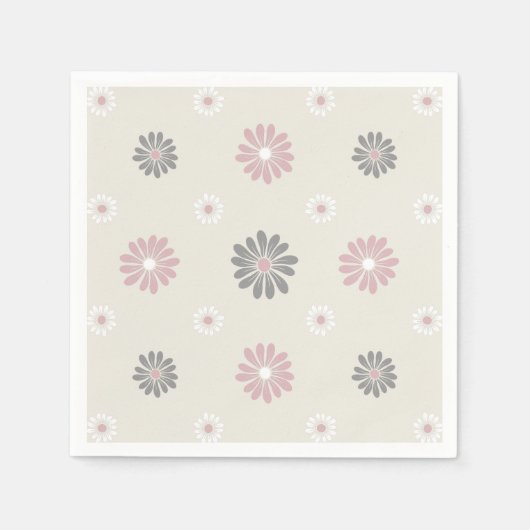 ピンクとグレーの花 スタンダードカクテルナプキン (正面)