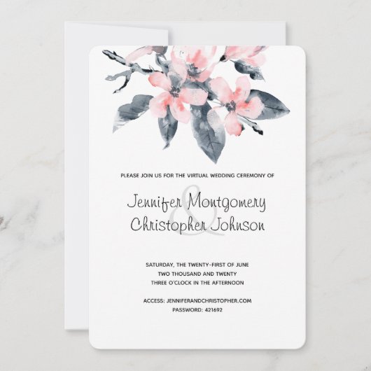 ピンクとグレーの花 水彩 ヴァーチャルウェディング 招待状 (正面)