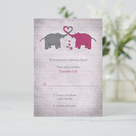 ピンクとグレーの象のウェディング返信カード 出欠カード (スタンド正面)