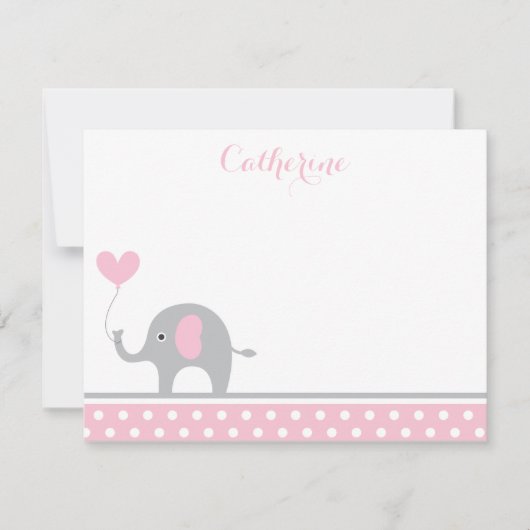 ピンクとグレーの象のハートサンキューカード ノートカード (正面)